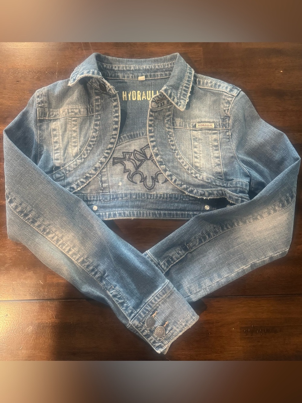 Hydraulic Vintage Y2K Cropped Denim Shrug Jacket Embroidered Back M - Picture 2 of 3